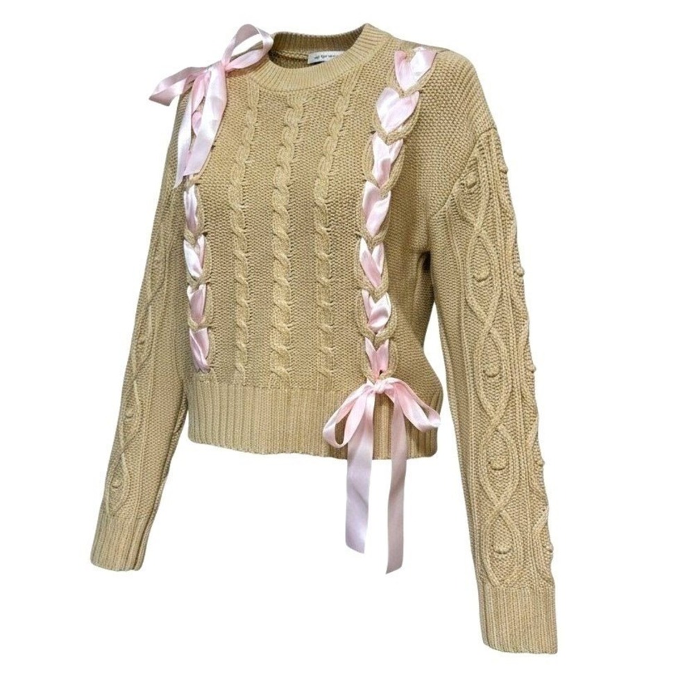 Small Beige Cable Knit Cropped Sweater Pink Ribbon Coquette Pullover Christmas
